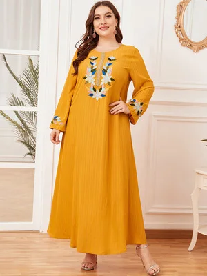 2021 women embroidered dress yellow printed muslim dress