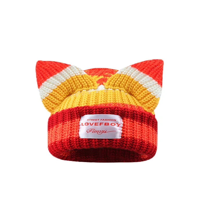 Wholesale Cute Pig Ears Patchwork Knitted Hat Unisex Clashing Colors Applique Winter Knitted Warm  Beanie Hat