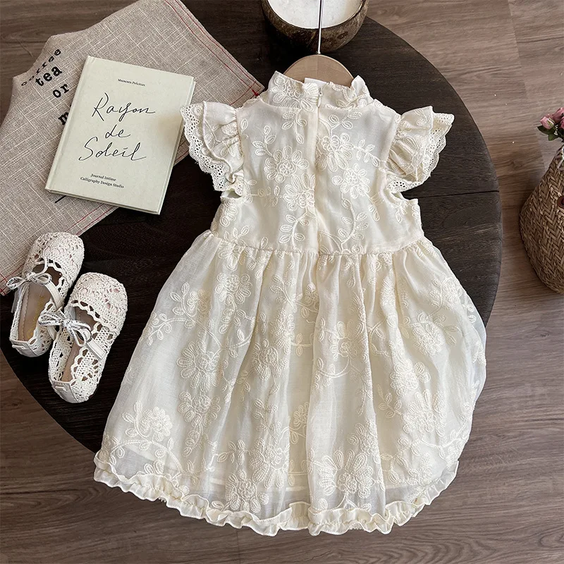 Latest Design Summer Kids Lace Wear Short Sleeve Chinese Style Embroidery Princess Girls Dresses