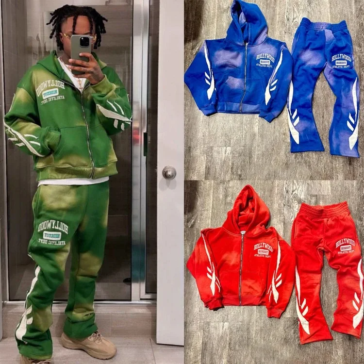 Custom Wholesale Pickling Zipper Applique Embroidered Patch Flared Stacked Pants And Hooded Pullover Tracksuit