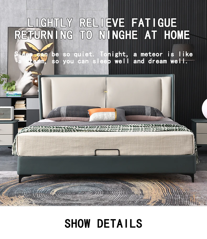Simple bedroom furniture leather Upholstered solid wood king bed home hotel bed bedroom bed