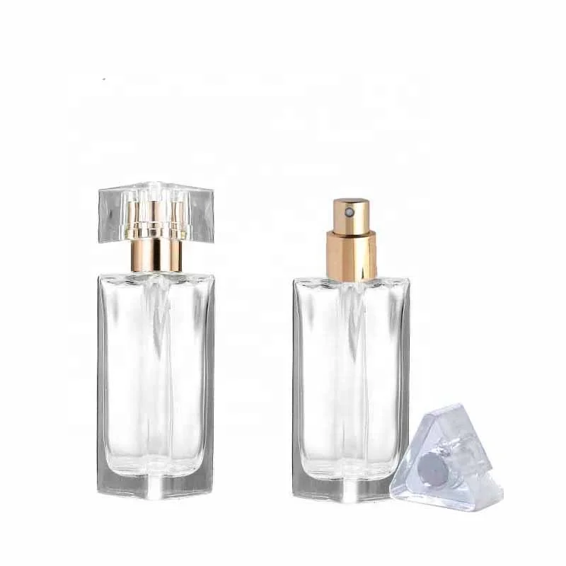 Empty 30 ml 45 ml Triangular shape clear glass crimp neck perfume bottles gold cap  (GPM17)