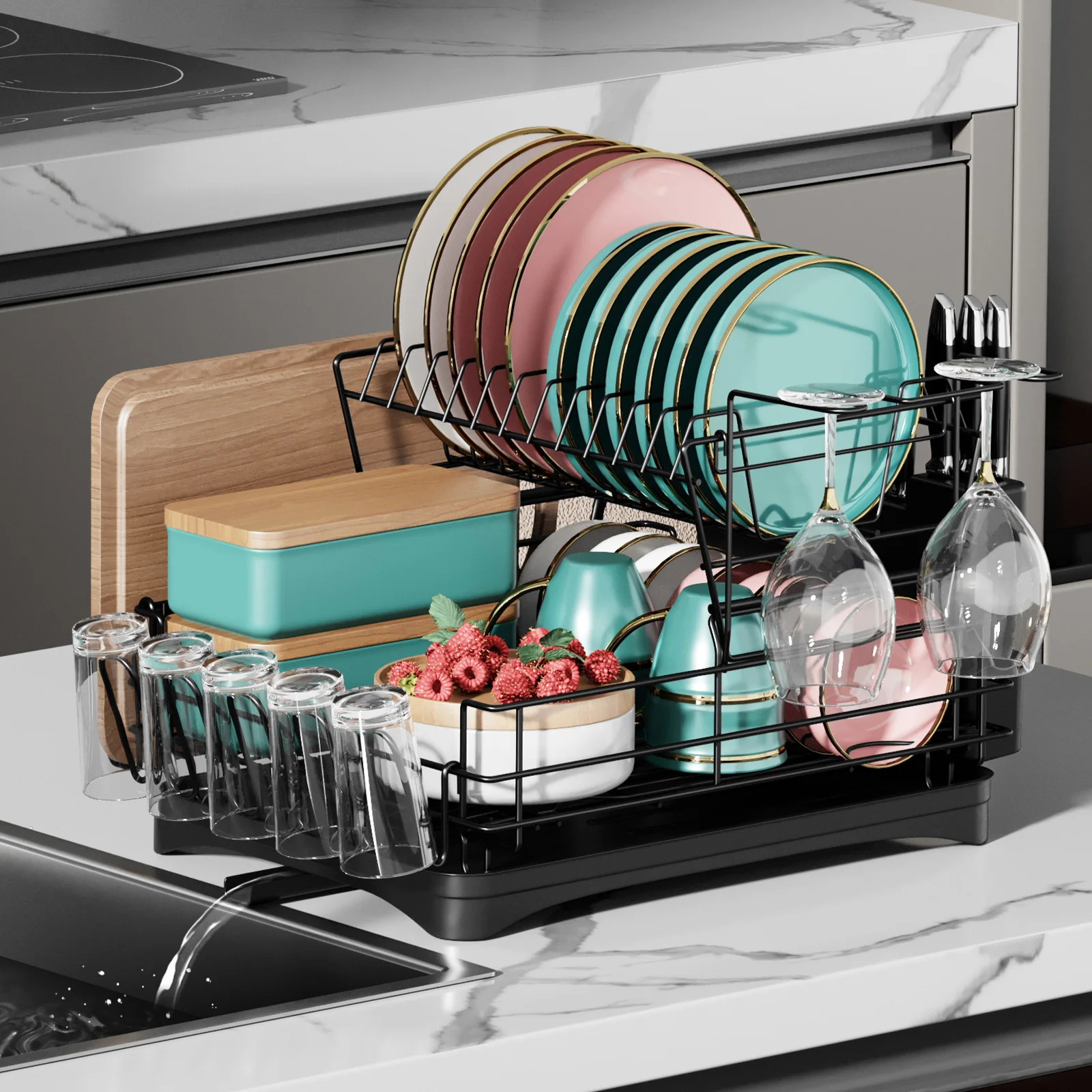 Large Over The Counter 3 Layer Dish Rack Green Tray Dish Drying Rack With Swivel Spout 2 Tier Dish Drying Rack Expandable