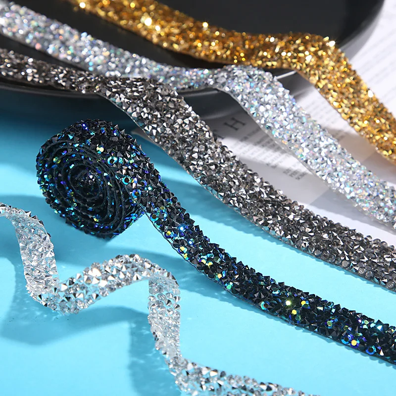 Hotfix Colorful AB Rhinestone Trim Chain Crystal Fabric Ribbon Strass Banding Resin Applique for Clothes Crafts