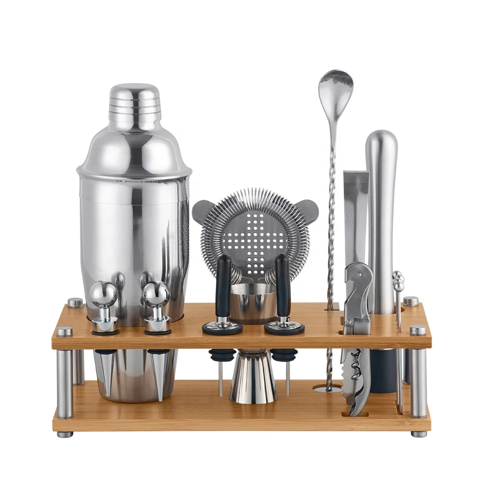 Creation Top Seller Stainless Steel Bartender Kit Shakers Cocktail Set with Bamboo Frame