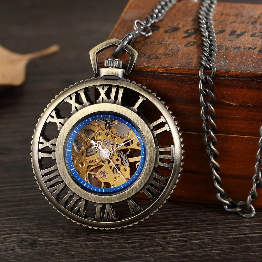 Luxury Gold Hollow Roman Dial Mechanical Watches Steampunk Golden Vintage Hand Wind Mechanical Watch FOB Chain Mens Womens Clock