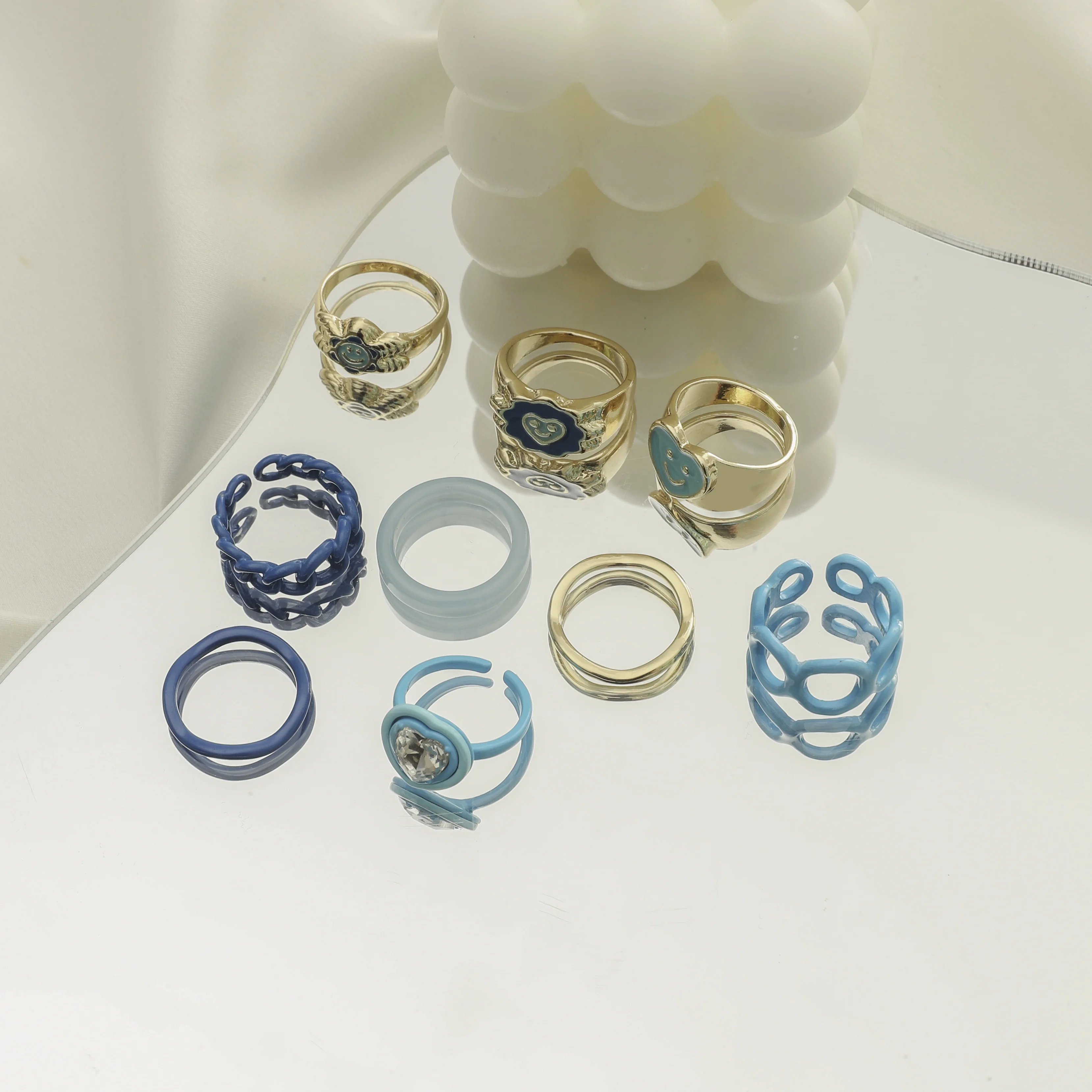 Cool blue resin ring non fading niche geometric ring love smile alloy index finger ring set