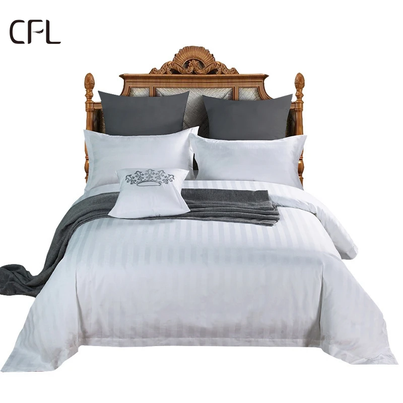 luxury hotel linen supplies size design  comforter bedding set 3cm Stripe satin White 100% cotton bedsheet customized bedspread