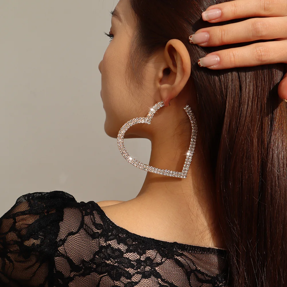 New Arrival Gold Sliver Earring Hoops Full Diamond Geometric Earrings Large Heart Hoop Earrings for Women