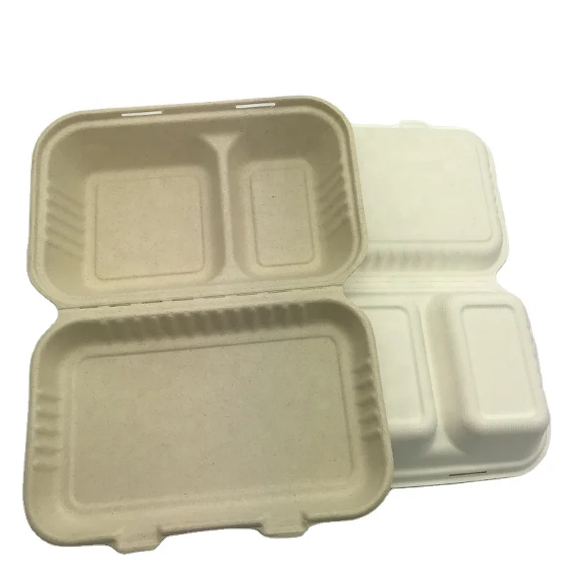 249*160*65mm 950ml 2 Compartment lunch box biodegradable compostable disposable sugarcane bagasse pulp hamburger clamshell