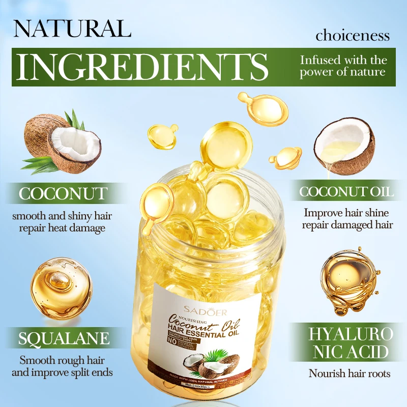 OEM SADOER Private Label Coconut Oil Nourishing Hair Care Products Lmprove Dry Brighten Hair Color Smooth Hair Care Capsule