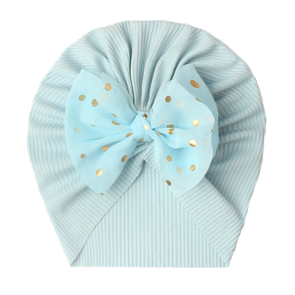 Solid Ribbed Turban Hat for Baby Boys Girls Chiffon Glod Dot Bowknot Beanies Infant Photo Props Newborn Caps Headwraps