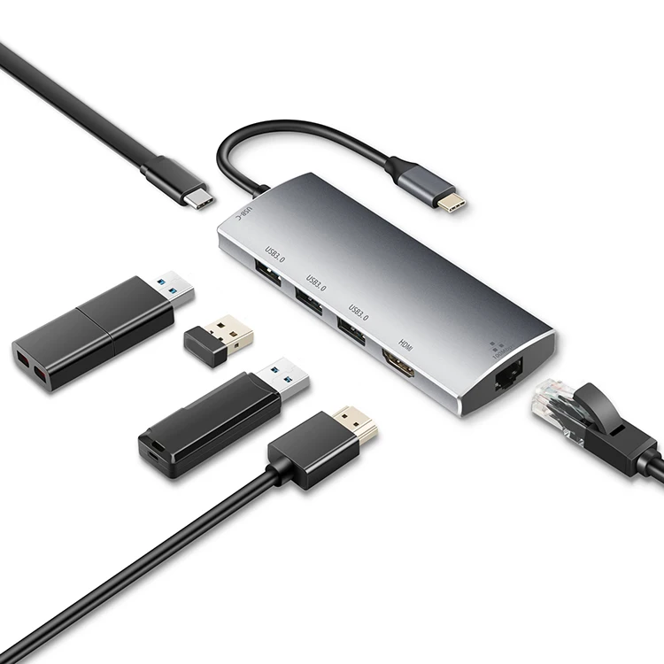Type c adapter hub 6 in 1 aluminum 3.0 usb hubs plus RJ45 Gigabit Ethernet LAN power deliver usb docking