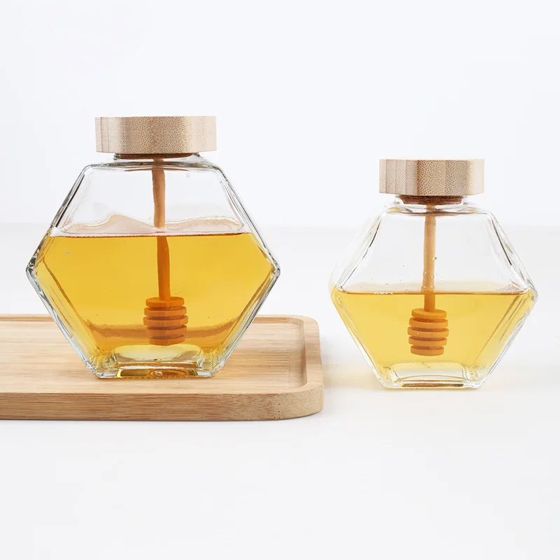 Wholesale Hexagon Shape Honey Pot Container with Wooden Dipper and Cork Lid Cover Honey Syrup Beehive Storage