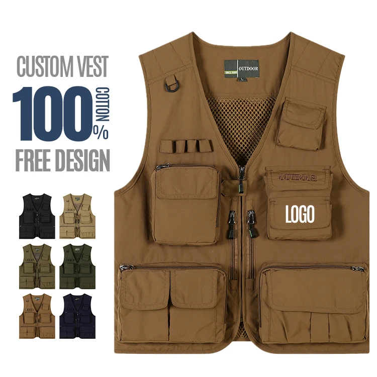 Personalized custom Multi Pockets Cotton Cargoes Fisherman vest fishing Journalist Photography Camping Waistcoat