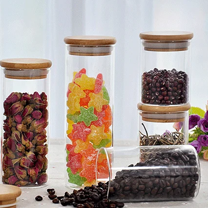 wood lid glass airtight containers for food storage set for dry food, coffee bean storage jar