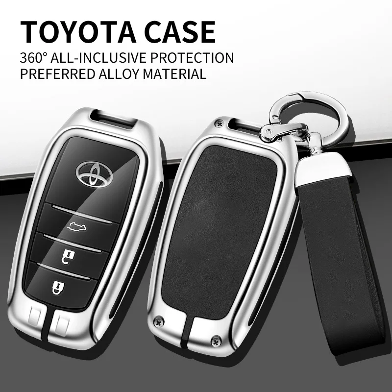 Metal Leather Car Logo Key Case Cover Shell for Toyota Crown Corolla Rav4 CH-R Camry Hilux Fortuner Key Fob Auto Accessories