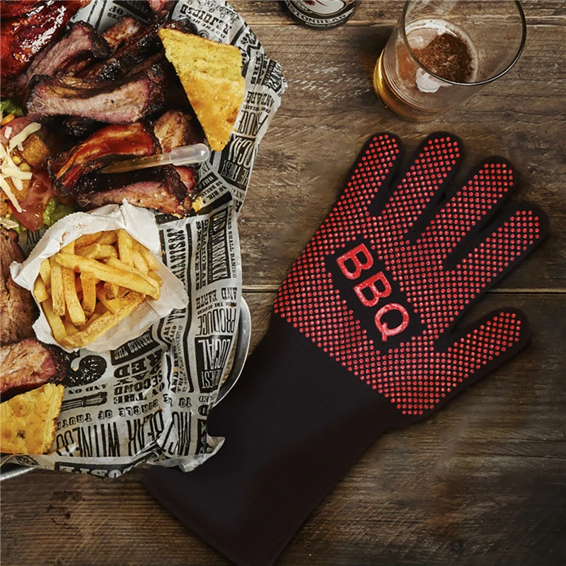 932F Heat Resistant Silicone Black Barbecue BBQ Gloves Flame proof Oven Mitt Non Slip Silicone Cooking Gloves Baking BBQ Grill