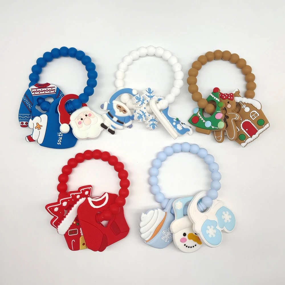 Hot Selling Christmas Tree Shaped Baby Rattle Teething Ring Toy Food Grade Silicone Christmas Baby Teether