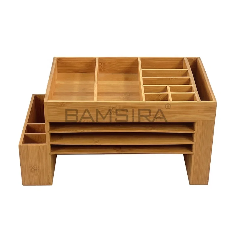 Bamboo 8.5 Inch Natural Wood Home Office Tiered Desk Organizer with Storage Cubbies and Letter Tray