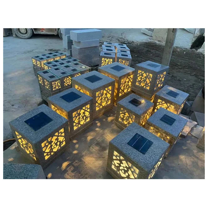 solar powerful  light natural granite stone garden lantern square shape