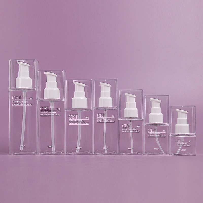 30-150 ml Liquid PETG Square Facial Toner Pump Spray Bottle with Transparent Free Sample Cosmetic Skin Care Packaging MSD