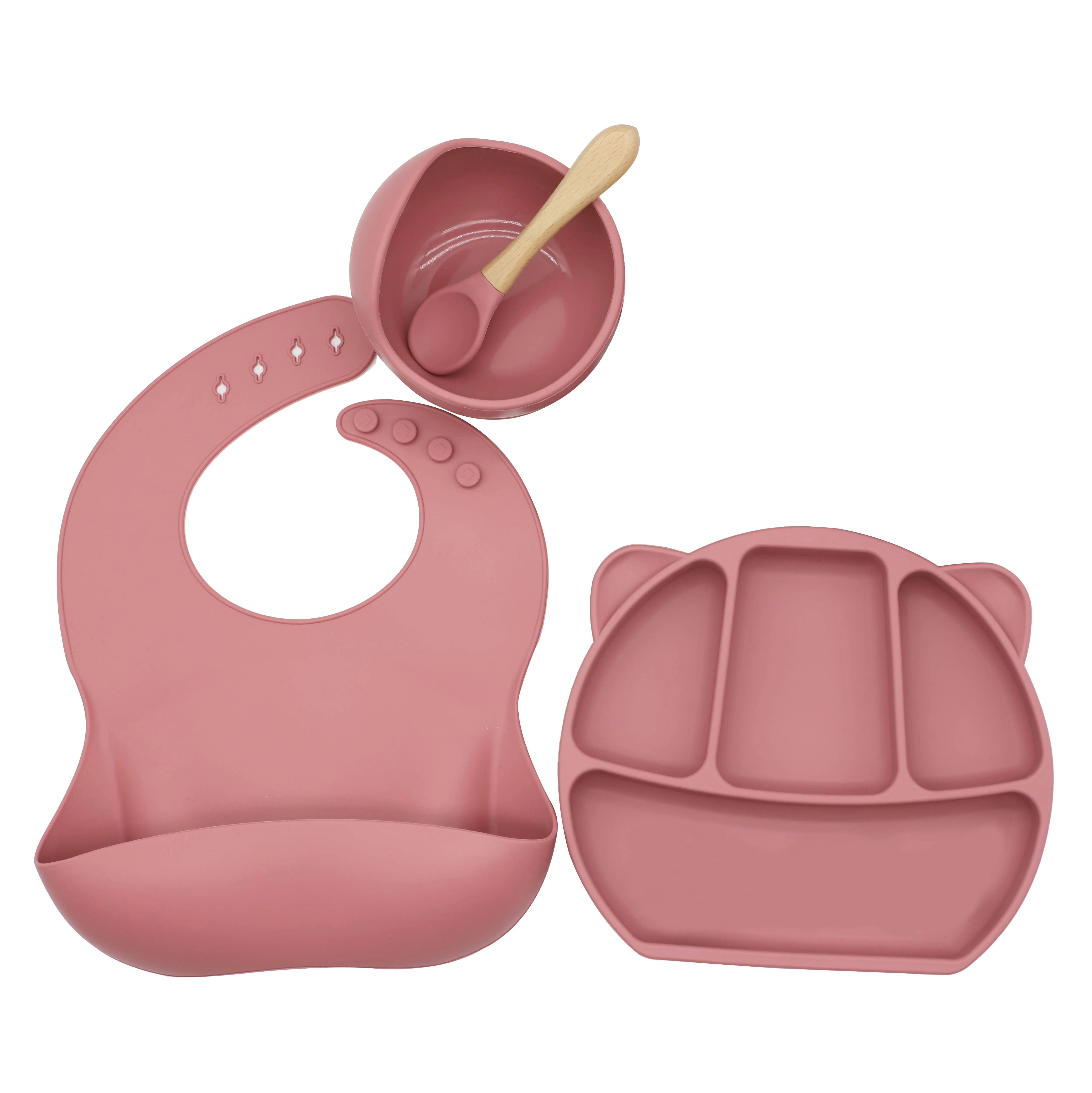 Eco-friendly Bpa Free Baby Feeding Set Waterproof Silicone Baby Bib Bowl Cat ears Plate And Spoon Set