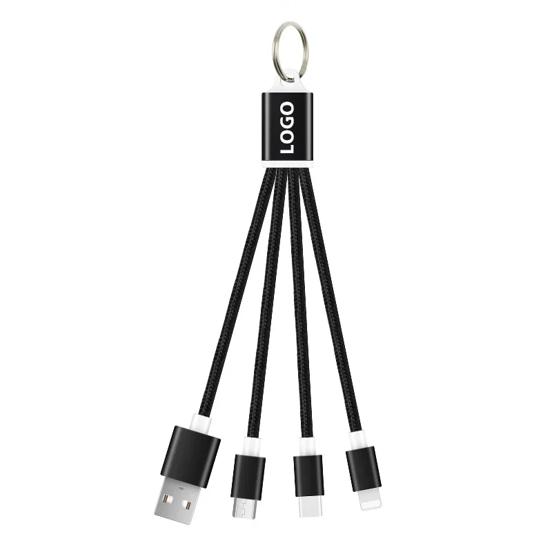 Hot Sale Custom Logo Keychain Portable 3 in 1 Nylon Braided Short 5V2A Charging Cable Cords for Mobile phone