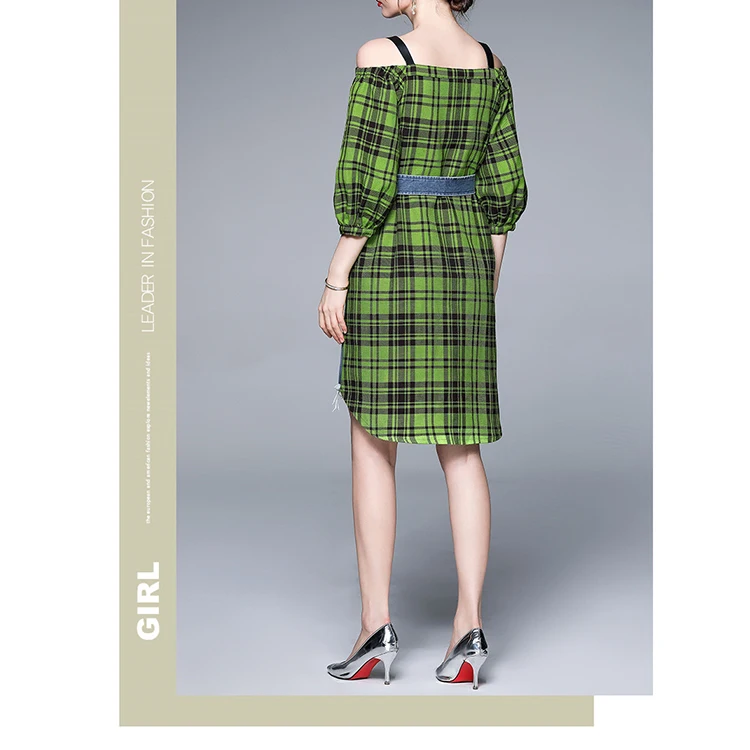 Fashion Summer off shoulder splicing patchwork sewing  washed Casual midi long Denim Jeans  women Dress