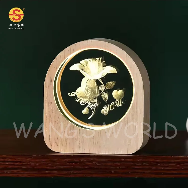 Bedroom Living Room Decoration 3D Optical Creative Bedside Lamp Battery Power Light Night Light Wood Carved Acrylic Table Lamp