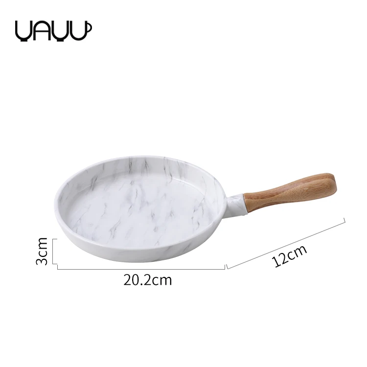 European style 8 inch custom round ceramic dinner plate marble plates with wood handle for restaurant