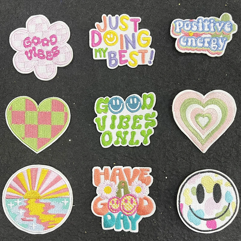 Iron On Smile Face Embroidery Cartoon Spring Brilliant Color Positive Energy Good Viber Flower Heart Patch For Hat Cloth Bag