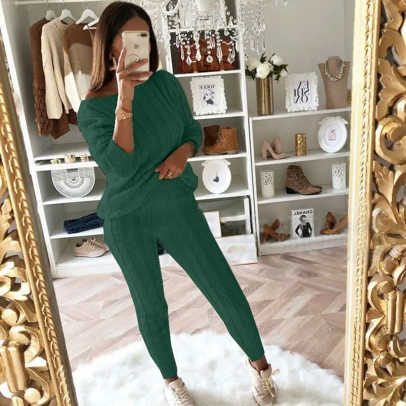 Winter Ladies O Neck Pullover Top Pants Sweater 2 Piece Set Sweater Suit Solid Color Oversized Knitted Sweater Set For Women