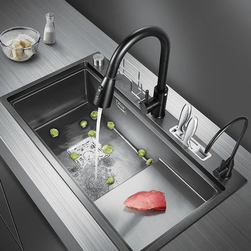 Samiyah Multifunction Black kitchen Stepped Sink Nano 304 Stainless Steel Multifunction  Hand-made Kitchen Sink With Waste Drain