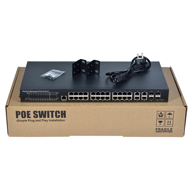 PSE2444GCD-LW: 32 gigabit port Network PoE+ switch 24 x Copper RJ-45 plus 4 x 1Gb uplink L2 managed PoE switch for CCTV Camera