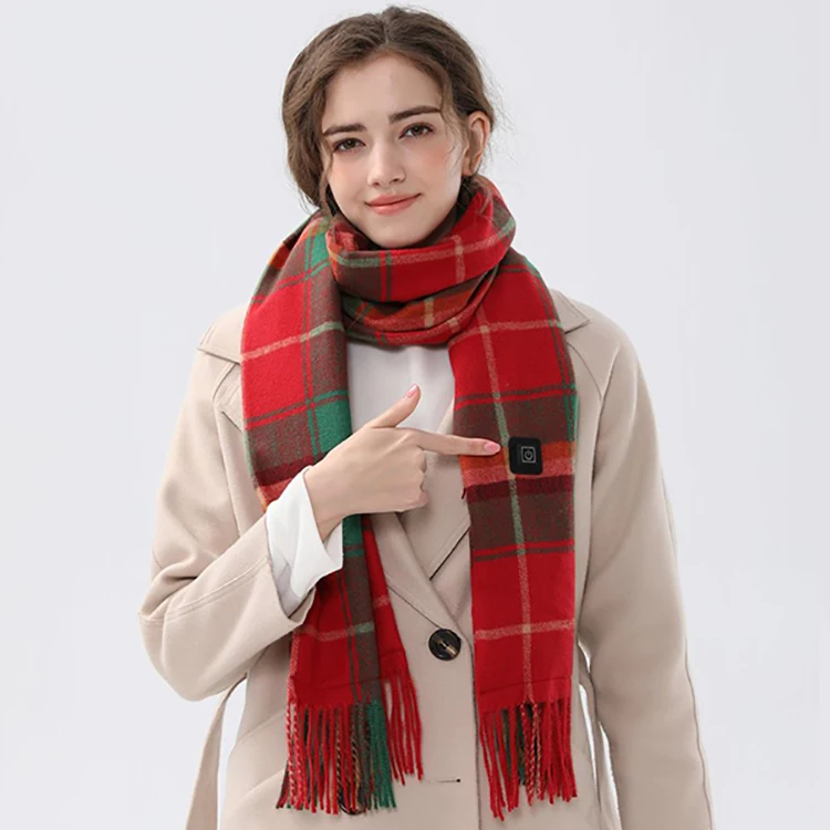 Christmas Gifts Sale Men Women Heated Scarves USB Rechargeable Constant Temperature Design Grid Tassels Heating Scarf for Winter