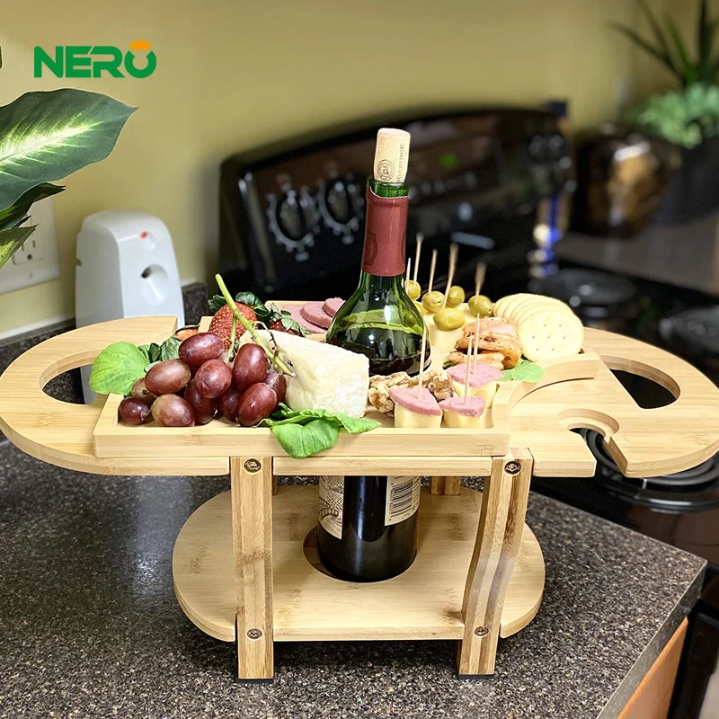 Outdoor food serving tray portable wiine table wood picnic wine table