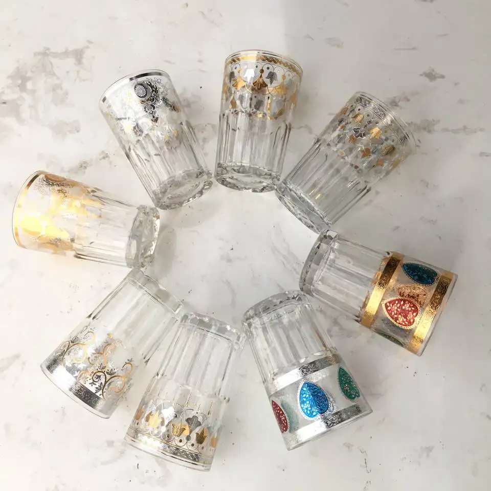 6 унций, классический стеклянный стакан в марокканском стиле с гравировкой для воды и чая, маленькие стеклянные чашки для чая с золотым покрытием