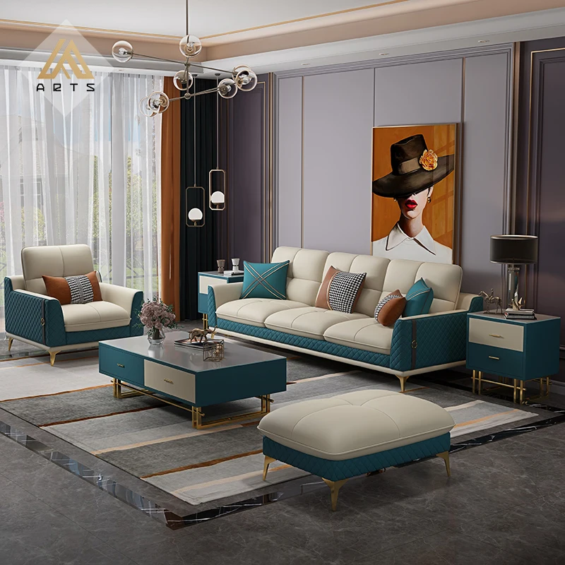 Factory direct sale Dubai villa furniture golden steel frame 7 seater chaise lounge  deep seat living room furniture   sofa