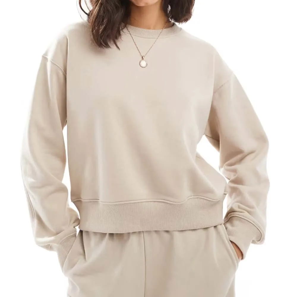 Clothing Manufacturers Custom Spring Summer Autumn Beige Base Casual Crew Neck Crop Top Drop Shoulder Sweatshirt