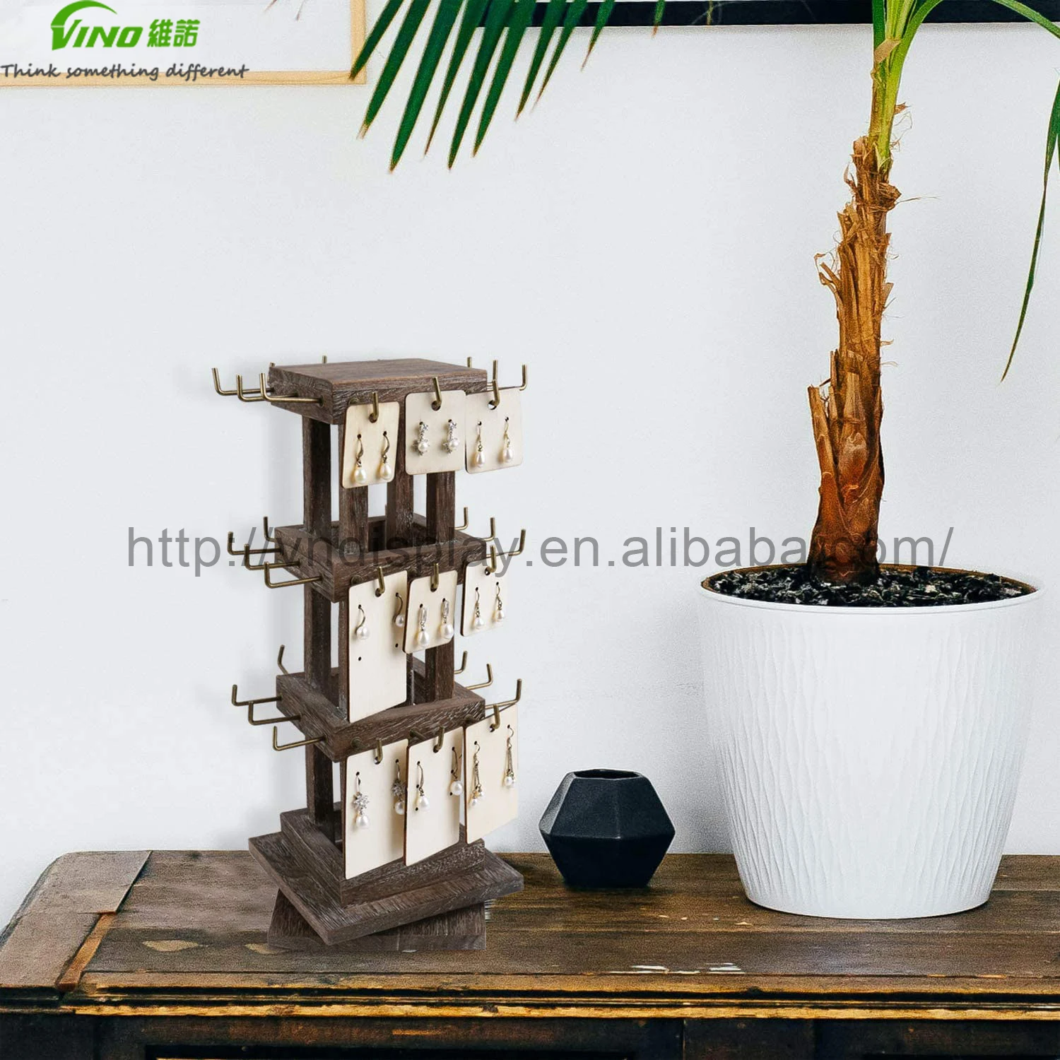 Natural Wood Rotating 36 Hooks Spinning earring display card, jewelry tower holder Stand for Store