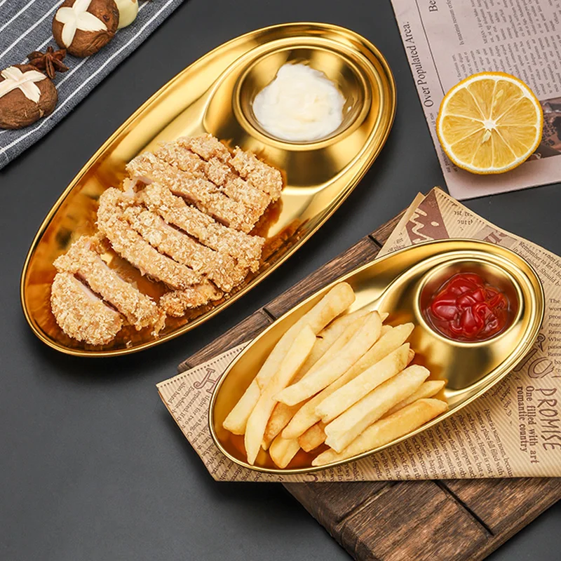 Korean Style Snack Dish Dumpling Plate Golden Oval Dipping Saucer 304 Stainless Steel Tray Restaurant Fries Plate