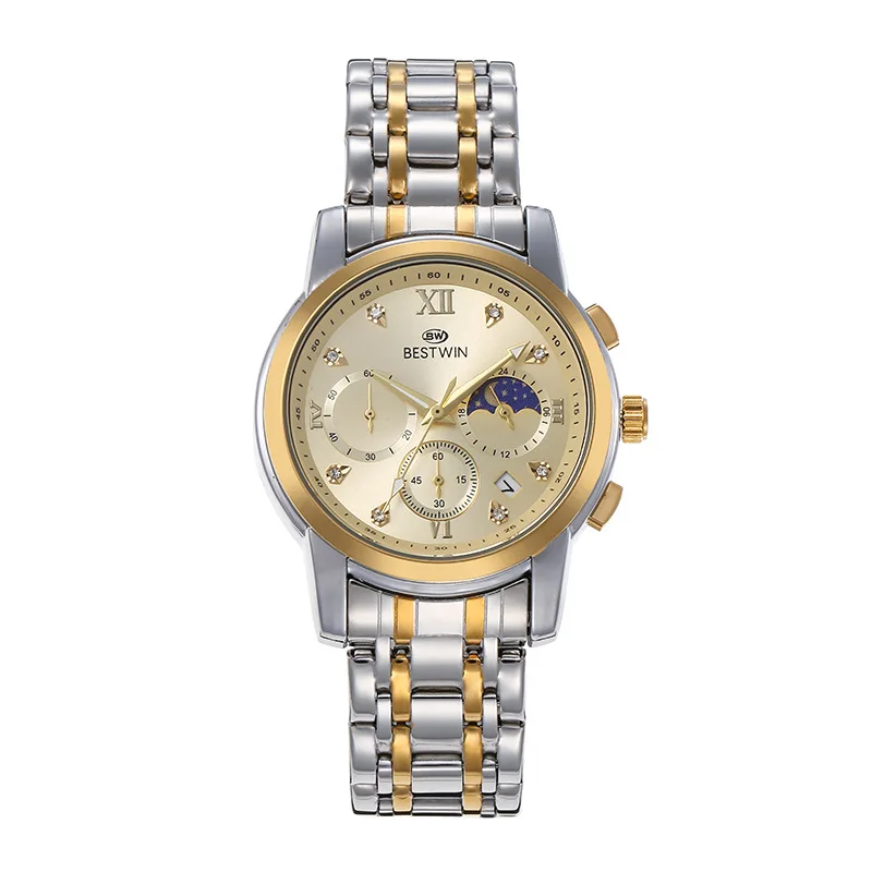 BESTWIN watch High Quality Top Brand Luxury Stainless Steel Quartz Moon Phase Movement Business Watches Men 30M  wrist watch