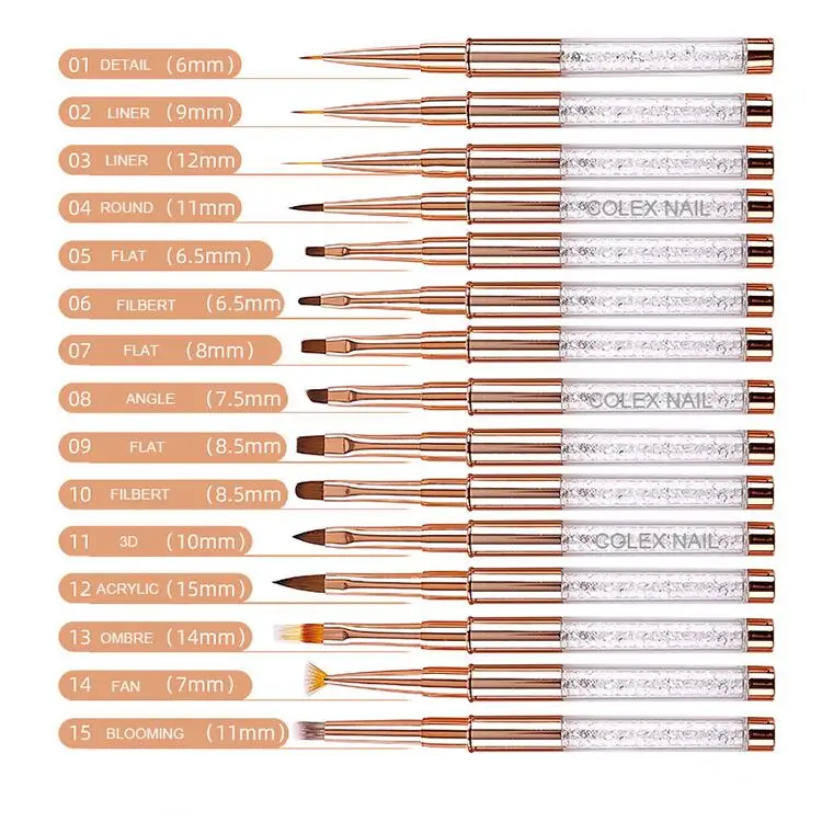 Private Label Oem Crystal 3D Acrylic Nail Brush With Different Sizes Custom Nail Art Brushes Set