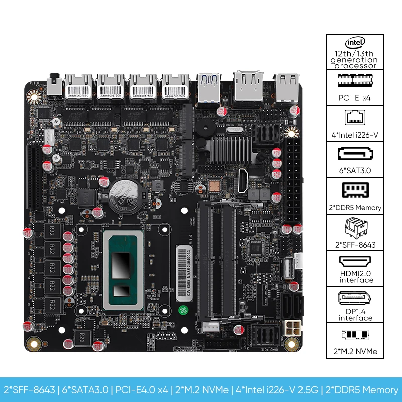 Материнская плата i5-12450H 6 отсека NAS 8505 Макс * NVMe SATA3.0 1 PCIEx4 4 l i226-V 2 5 г DDR5 брандмауэр маршрутизатор Mini ITX материнская