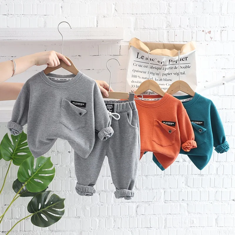 WEN Boys solid color sportswear suit middle and small children 1-5 years old autumn wear round neck long-sleeved sweater
