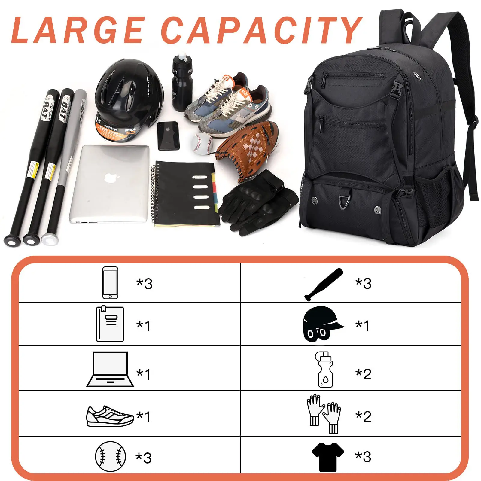 Custom Logo Large Capacity Shoes Compartment Bag Softball Bat Bagpack Sports Backpack  Baseball Backpacks