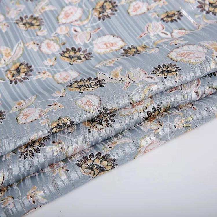 Polyester floral printed silver lurex glitter crinkle crepe chiffon fabric for women dress korean textile wholesale