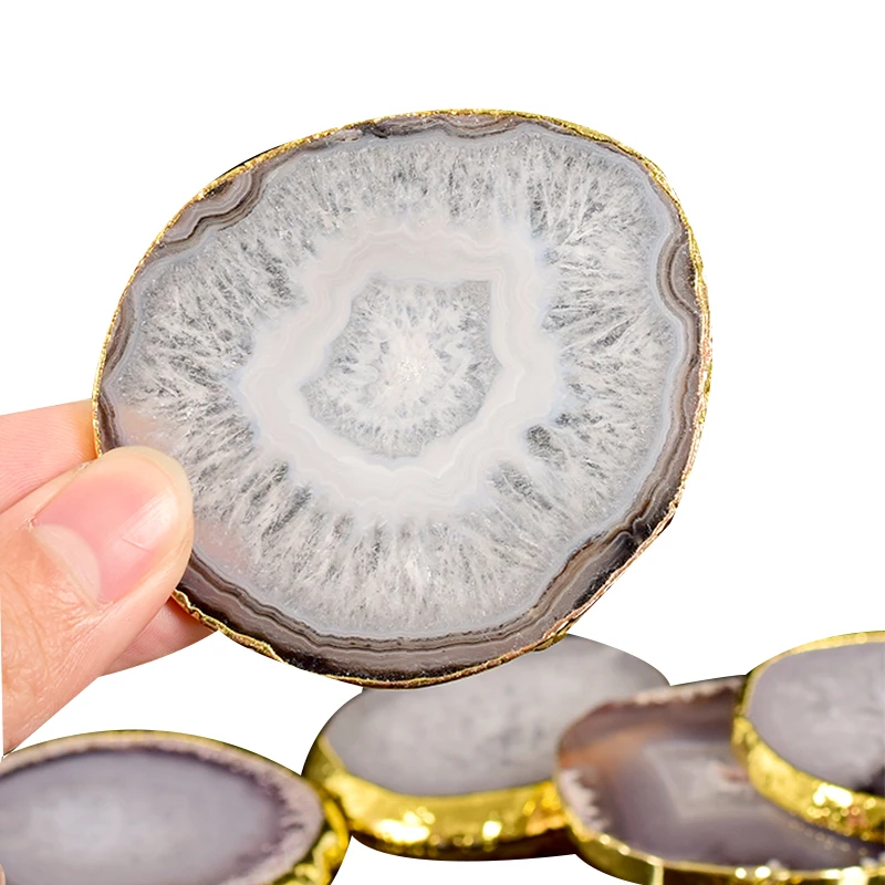 Natural Hot Selling Grey Agate Crystal Coaster Drinking Round Stone Rest Atmosphere Drink Glass Bottle