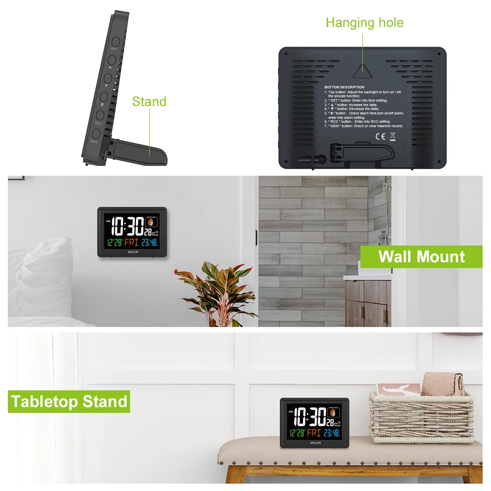 BALDR Digital Clock Radio Controlled Temperature and Humidity Function Room Clock with Moon Phase Alarm Clock